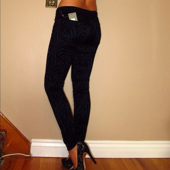 7 For All Mankind Skinny Flocked Burnt Velvet Pants size 24 25 26 27 Blue New - Picture 5 of 8